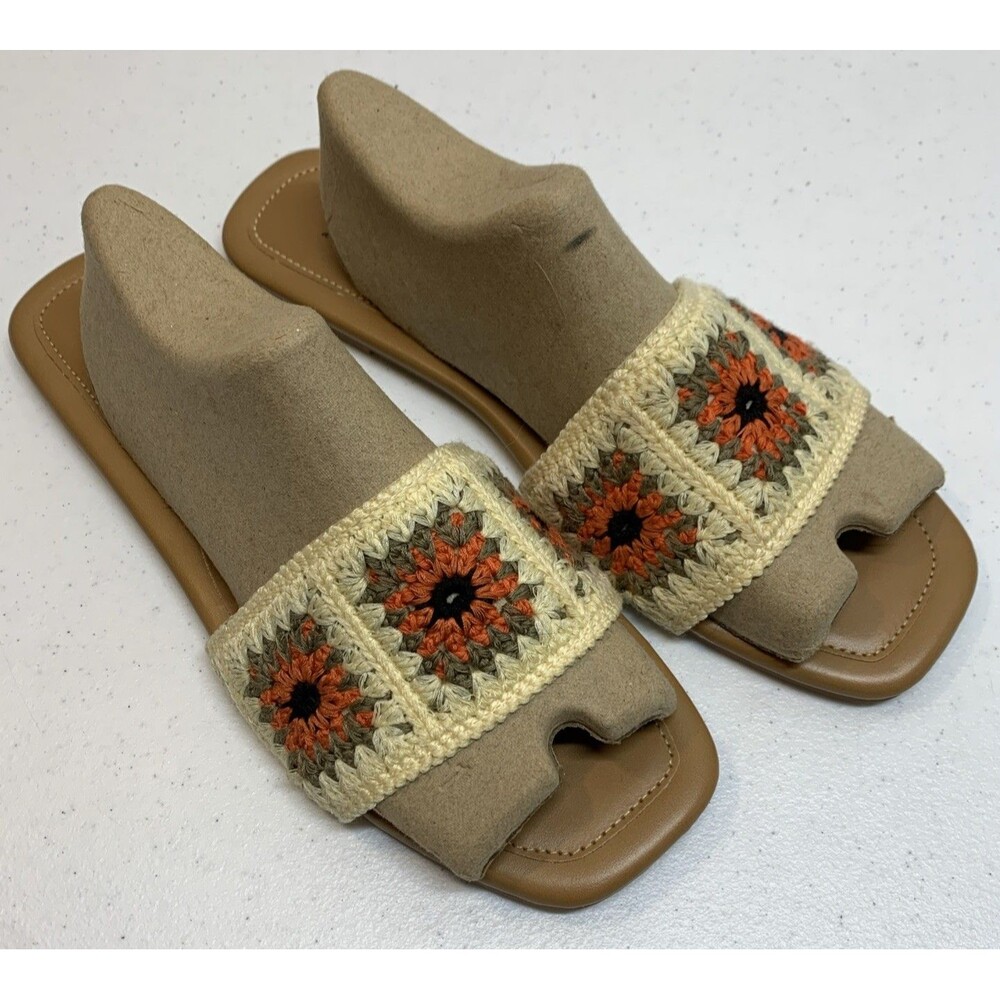 ANA Hippie Style Crochet Knit Slide Sandals Womens 10 Cream Orange Boho Flats